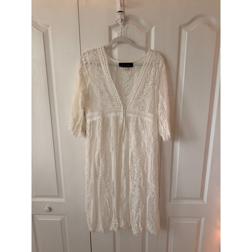 Francesca's Blue Rain Ivory Lace Cover Up Kimono Duster, Women's Large